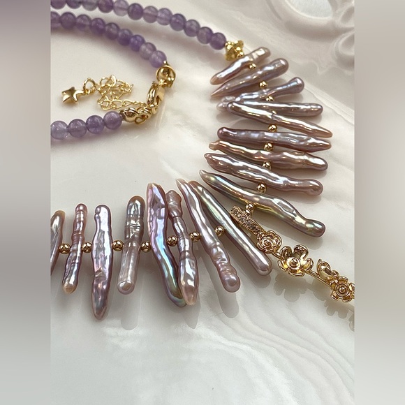 GP35-Handmade Purple Chopstick Pearl And Amethyst Necklace - Picture 12 of 13